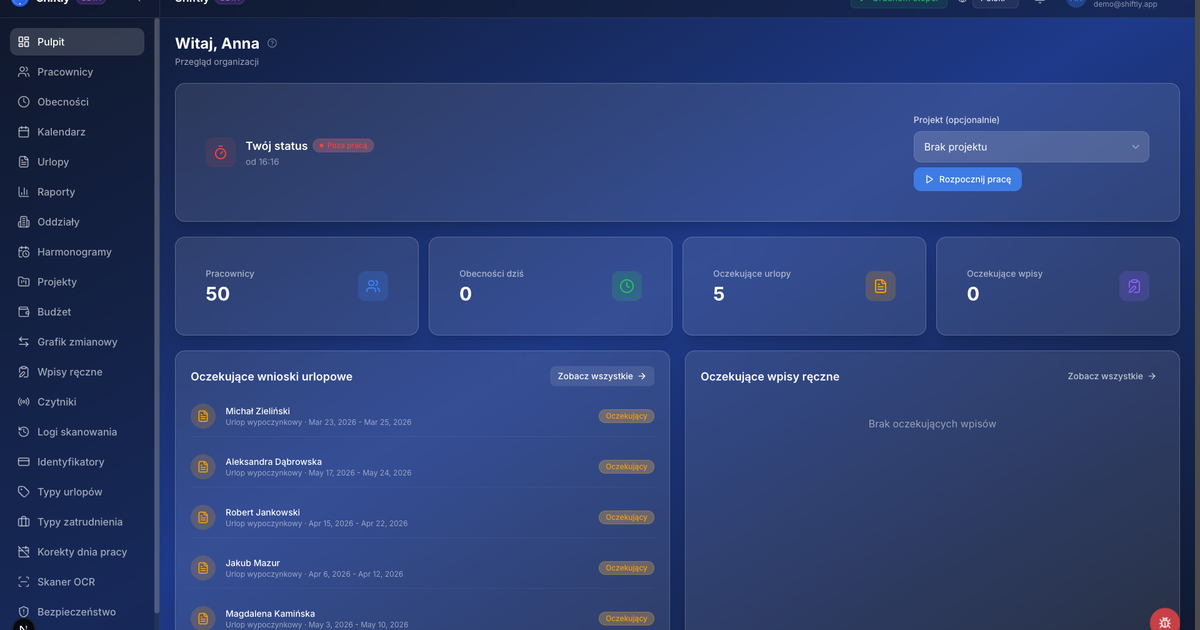 Shiftly Shiftly — Ewidencja czasu pracy nowej generacji | Shiftly